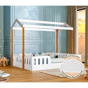 Cama para Criança Infantil Ágatha Montessoriana Casal Casinha Branca/amêndoa Acompanha Luminária Led
