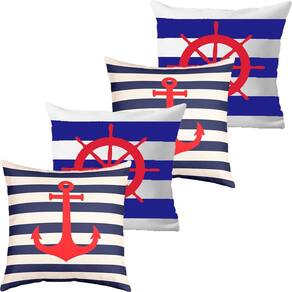 Kit 4 Capas De Almofadas Âncora e Timão Vermelho Marítima