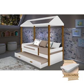 Beliche Montessoriana Infantil Sara Solteiro com Colchões Divaloto - Branco/amêndoa