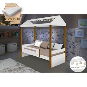 Cama Montessoriana Infantil Sara Solteiro com Led e Colchão Divaloto - Branco/amêndoa