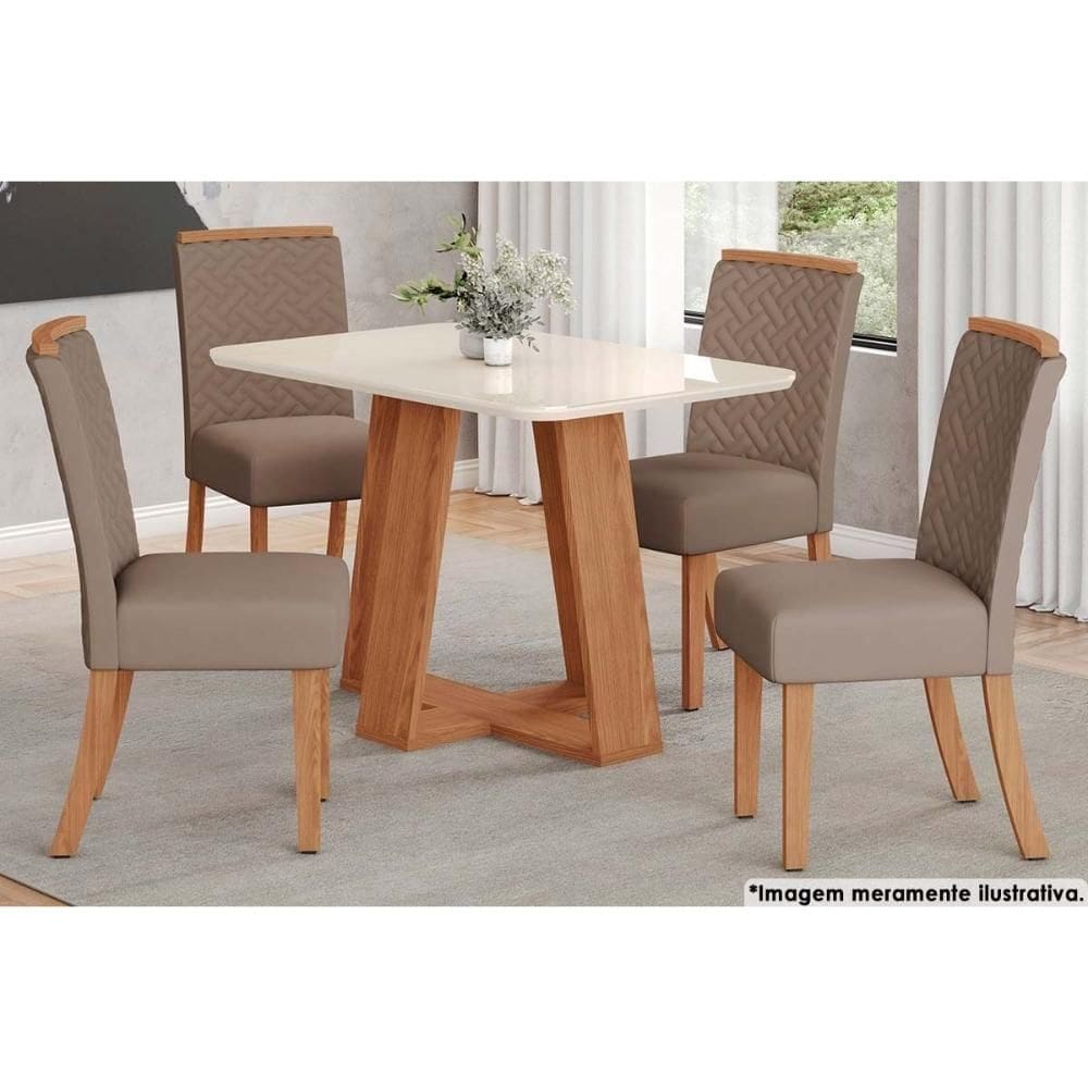 Sala de Jantar Completa Lins c/ Tampo Madeirado c/ Vidro Curvo 120x80cm e 4 Cadeiras Malu Nature/Marrom Amêndoa - Henn