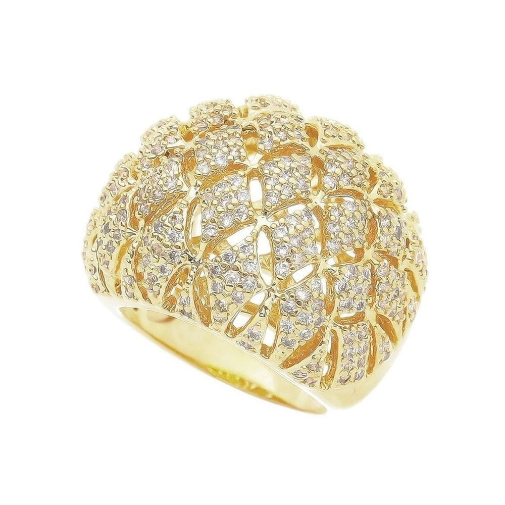 Anel Feminino Grande Losangos Vazados Cravejado em Zircônias Banhado em Ouro 18k