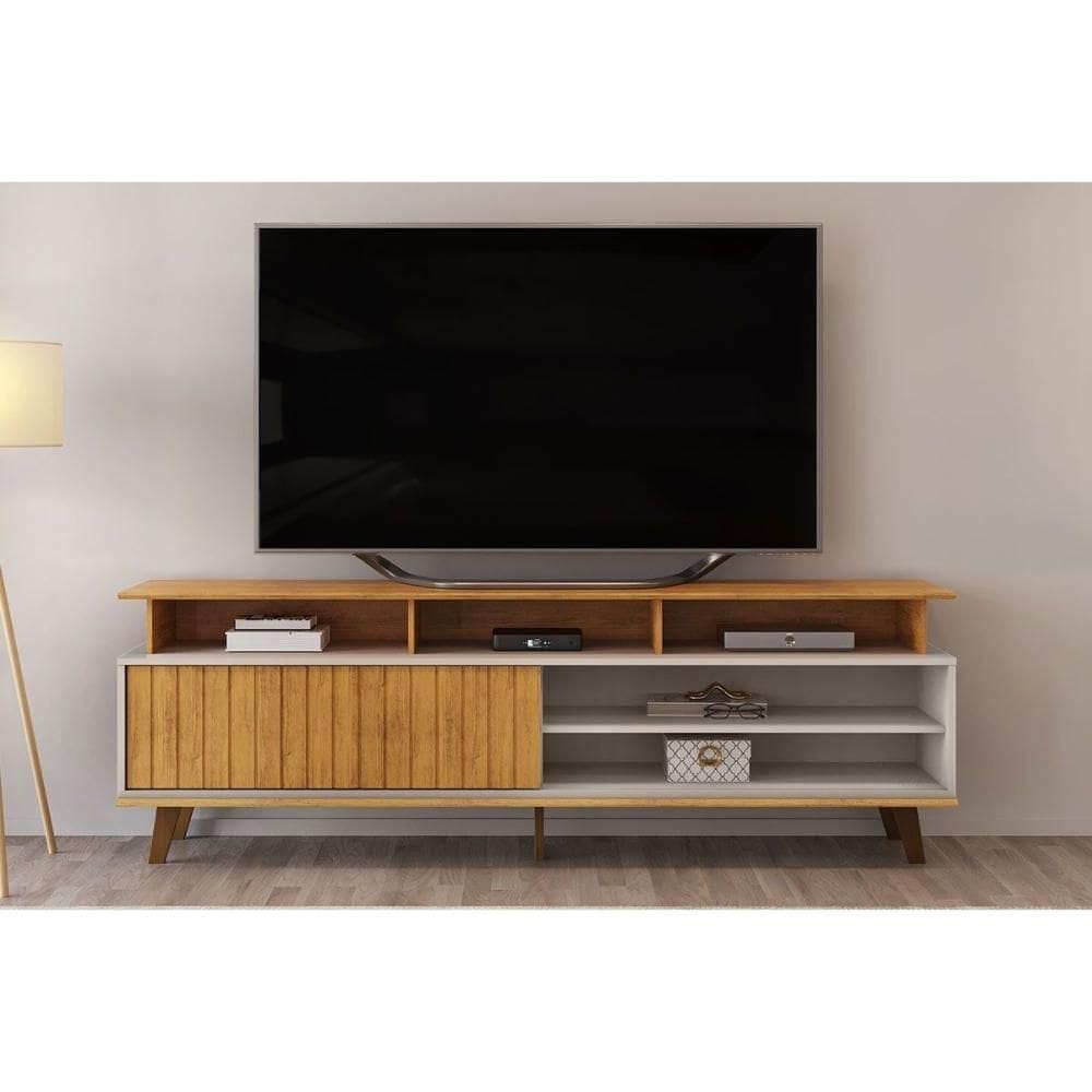 Rack Bancada p/TV até 70 Polegadas Flow Ripado c/ Nichos e Pés 180x60cm Cedro/Bali - DJ Móveis