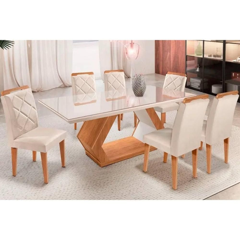 Sala de Jantar Completa Alvorada c/ Tampo Madeirado c/ Vidro 180x90cm e 6 Cadeiras Melissa Imbuia/Suede Creme Pérola - Rufato