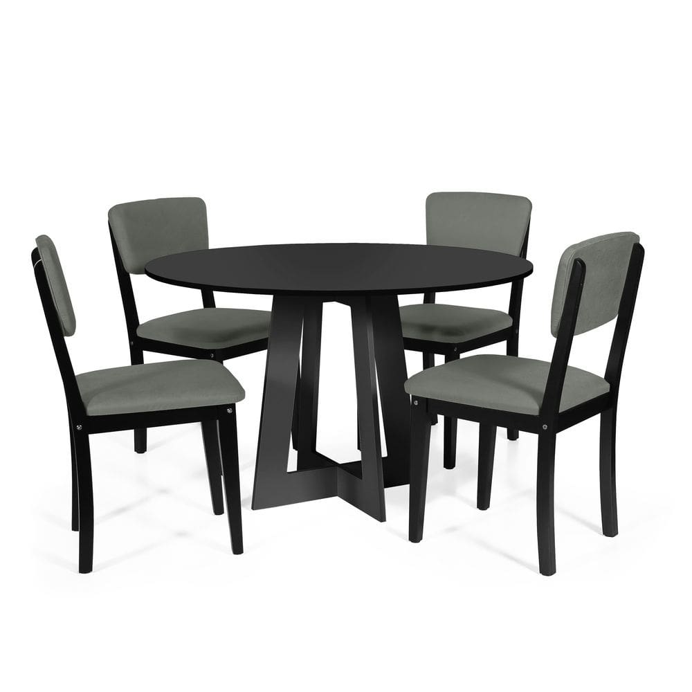 Mesa de Jantar Redonda Montreal Preta com 4 Cadeiras Estofadas Ella Preto/Cinza