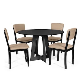 Mesa de Jantar Redonda Montreal Preta com 4 Cadeiras Estofadas Ella Preto/Bege