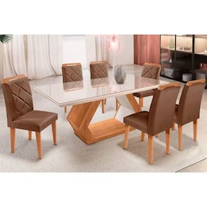Sala de Jantar Completa Alvorada c/ Tampo Madeirado c/ Vidro 180x90cm e 6 Cadeiras Melissa Imbuia/Linho Turim - Rufato
