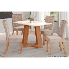 Sala de Jantar Completa Lins Tampo Reto Madeirado 120x80cm e 4 Cadeiras Esther Nature/Creme - Henn