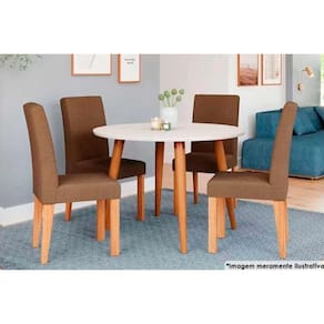 Sala de Jantar Completa Dani c/ Tampo Madeira Maciça 110cm e 4 Cadeiras Maia Nature/Suede Mascavo Chocolate - Cimol