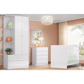 Quarto Infantil Completo Labirinto 3 Peças (1 Guarda Roupa + 1 Berço + 1 Cômoda) QI58 Branco - Henn