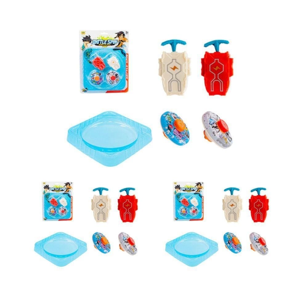 Beyblade Completo 2 Lançadores, 2 Discos e Arena Brinquedo Azul e Branco - Kit 3 Unidades