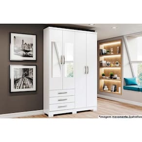 Guarda Roupa Solteiro 4 Portas e 3 Gavetas c/ Espelho e Pés Caju DA135 Branco - Henn