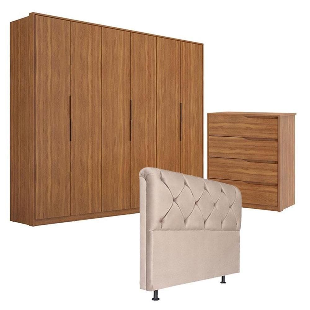 Guarda Roupa Atrice 6 Portas e Cômoda Atria Amêndola com Cabeceira Daiana 160 cm Marfim – Demartêz