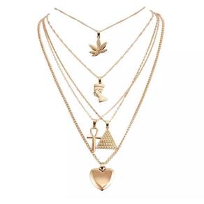 Colar dourado multicamadas pingente cleópatra cruz coração