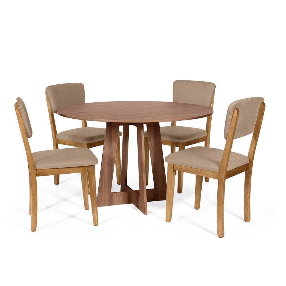 Mesa de Jantar Redonda Montreal Noronha com 4 Cadeiras Estofadas Ella Marrom Claro