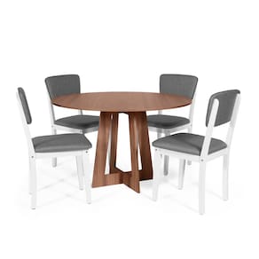 Mesa de Jantar Redonda Montreal Noronha com 4 Cadeiras Estofadas Ella Branco/Cinza Escuro