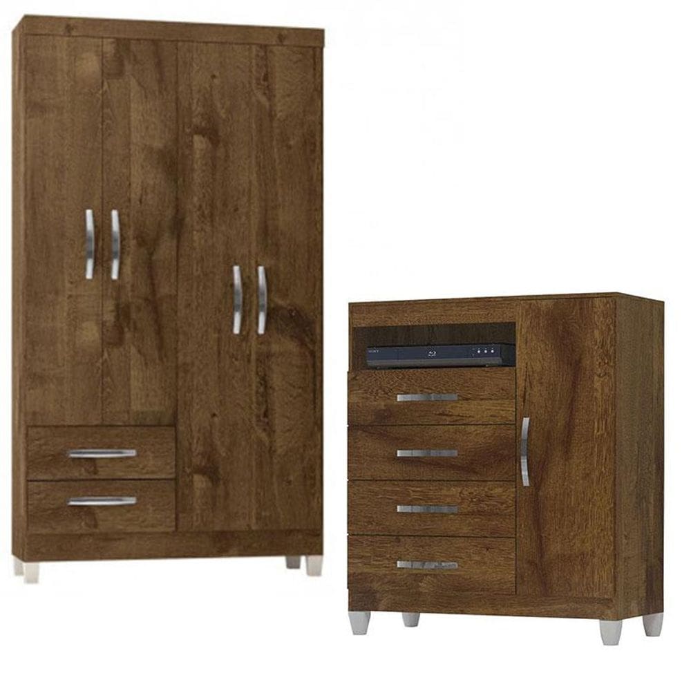 Guarda Roupa Solteiro Módena 4 Portas e Cômoda Sapateira Cannes Malbec - Incorplac