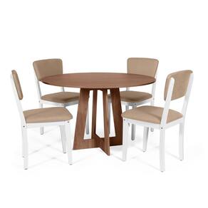 Mesa de Jantar Redonda Montreal Noronha com 4 Cadeiras Estofadas Ella Branco/Marrom Claro