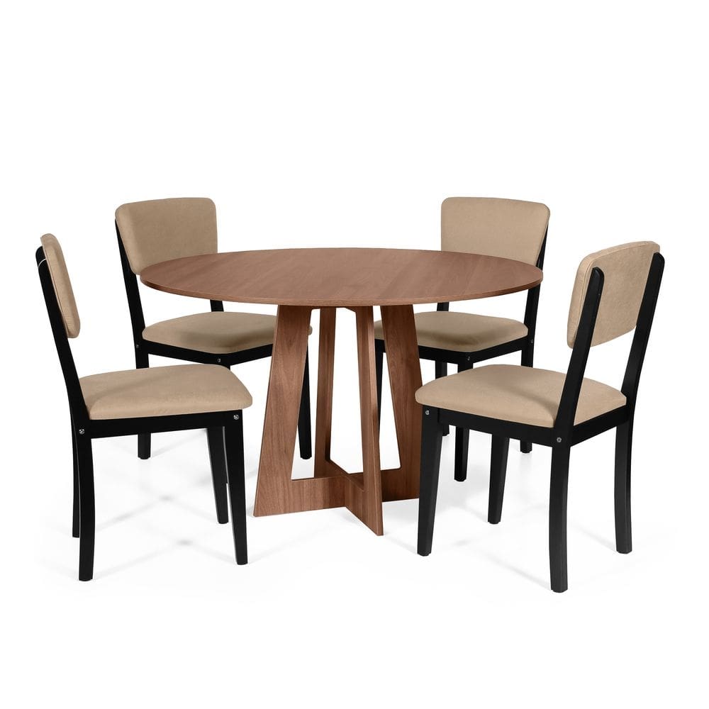 Mesa de Jantar Redonda Montreal Noronha com 4 Cadeiras Estofadas Ella Preto/Bege