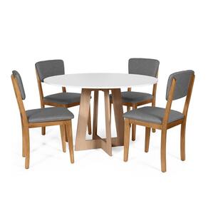 Mesa de Jantar Redonda Montreal Bran/Jade com 4 Cadeiras Estofadas Ella Cinza Escuro