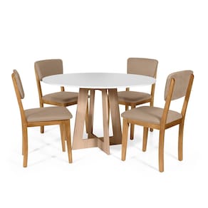 Mesa de Jantar Redonda Montreal Bran/Jade com 4 Cadeiras Estofadas Ella Marrom Claro