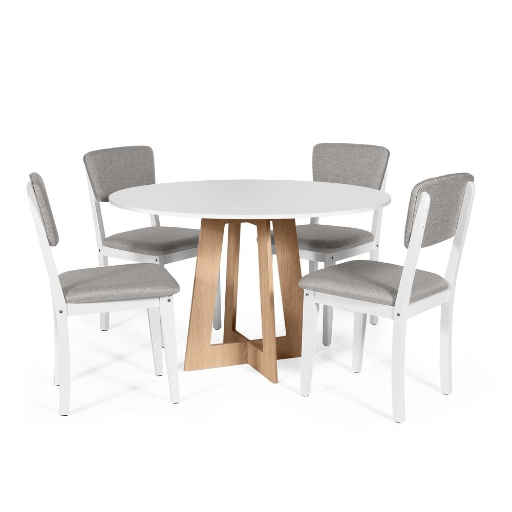 Mesa de Jantar Redonda Montreal Bran/Jade com 4 Cadeiras Estofadas Ella Branco/Cinza Claro