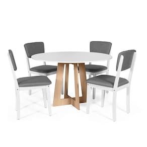 Mesa de Jantar Redonda Montreal Bran/Jade com 4 Cadeiras Estofadas Ella Branco/Cinza Escuro