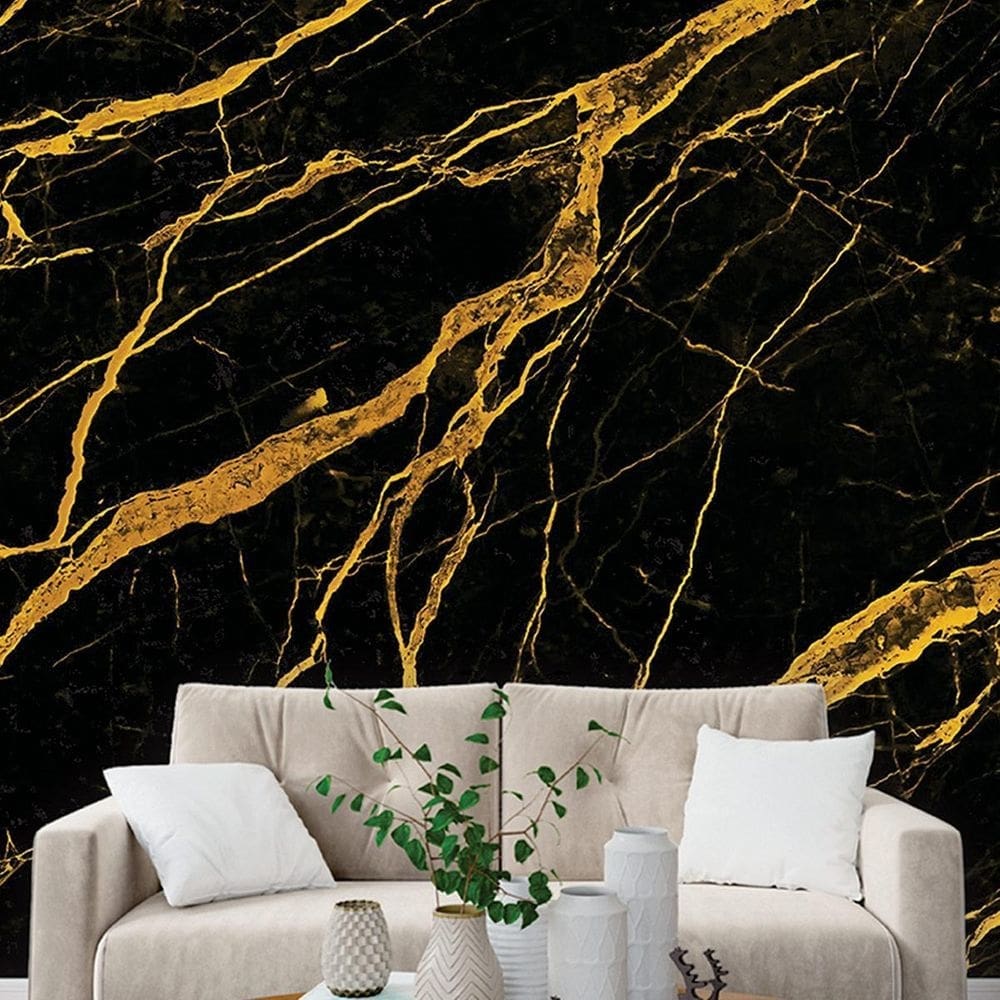 Papel de parede painel 3d mármore preto com dourado 3m