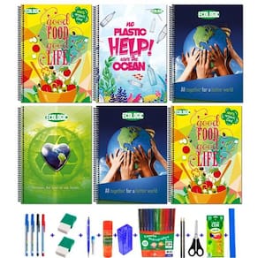 Kit 6 caderno ecológico 80 folhas + 38 acessórios escolares