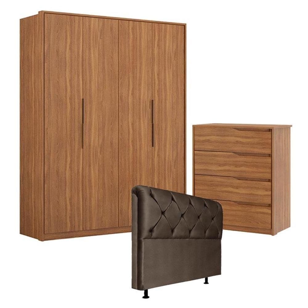 Guarda Roupa Attore 4 Portas e Cômoda Atria Amêndola com Cabeceira Daiana 160 cm Marrom – Demartêz