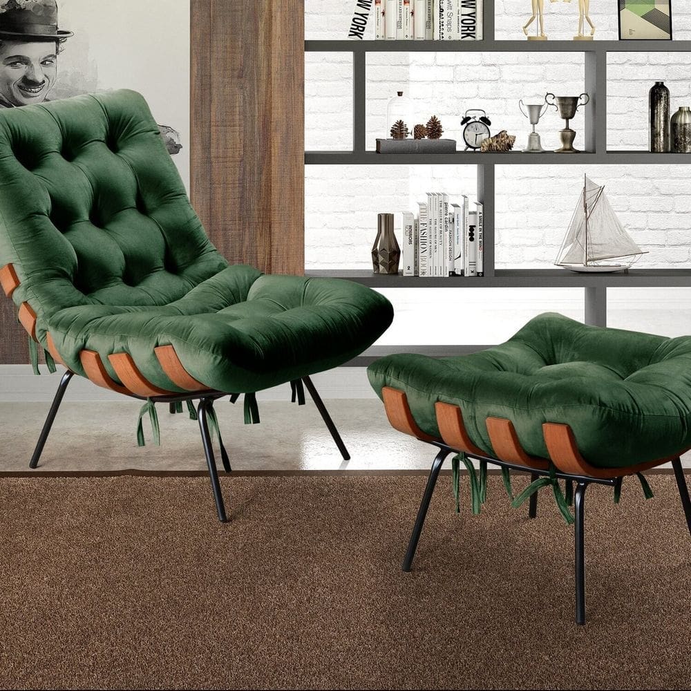 Poltrona Costela com Puff Base Fixa para Sala, Quarto Verde