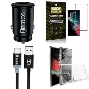 Kit capa s22 ultra + carregador turbo veicular + película 3d