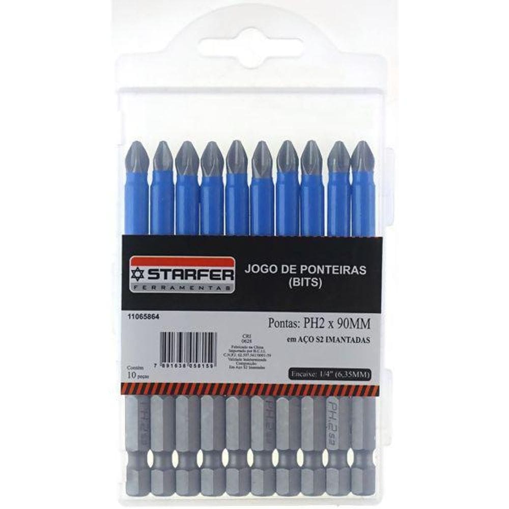 Jogo 10 bits ponta phillips 2 aço cromo s2 90mm starfer