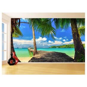 Papel De Parede 3D Praia Mar Ponte Madeira Céu 3,5M Npr316
