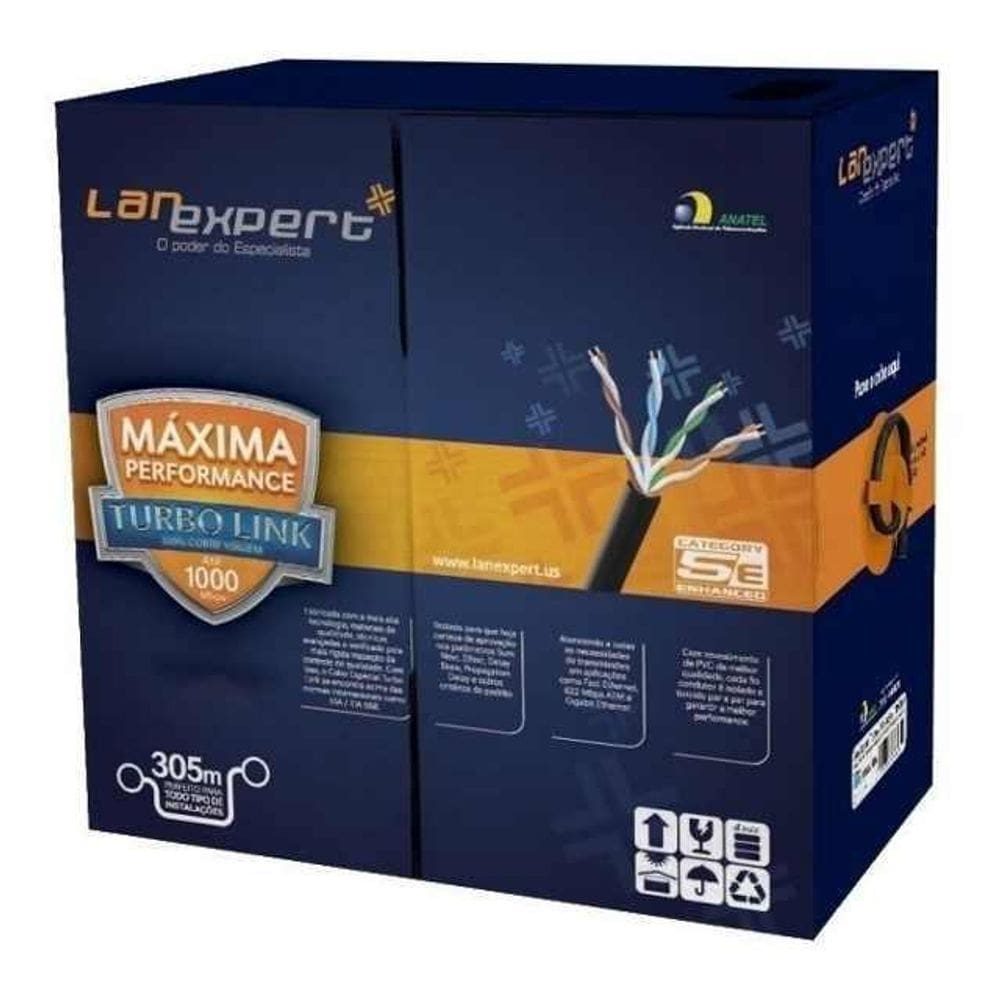 Cabo de rede lan expert 4 pares preto cobre cat5e 305 mts