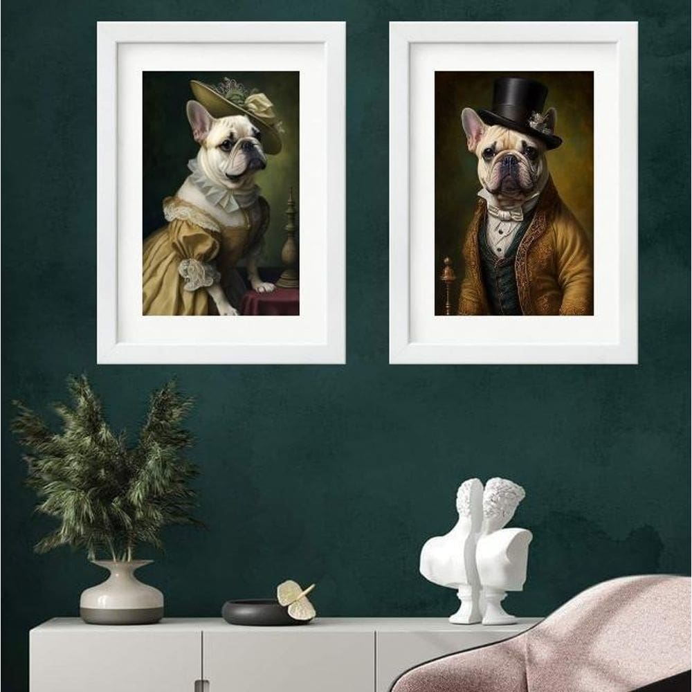 Kit 2 Quadros Casal Bulldogs Franceses - 60X48Cm