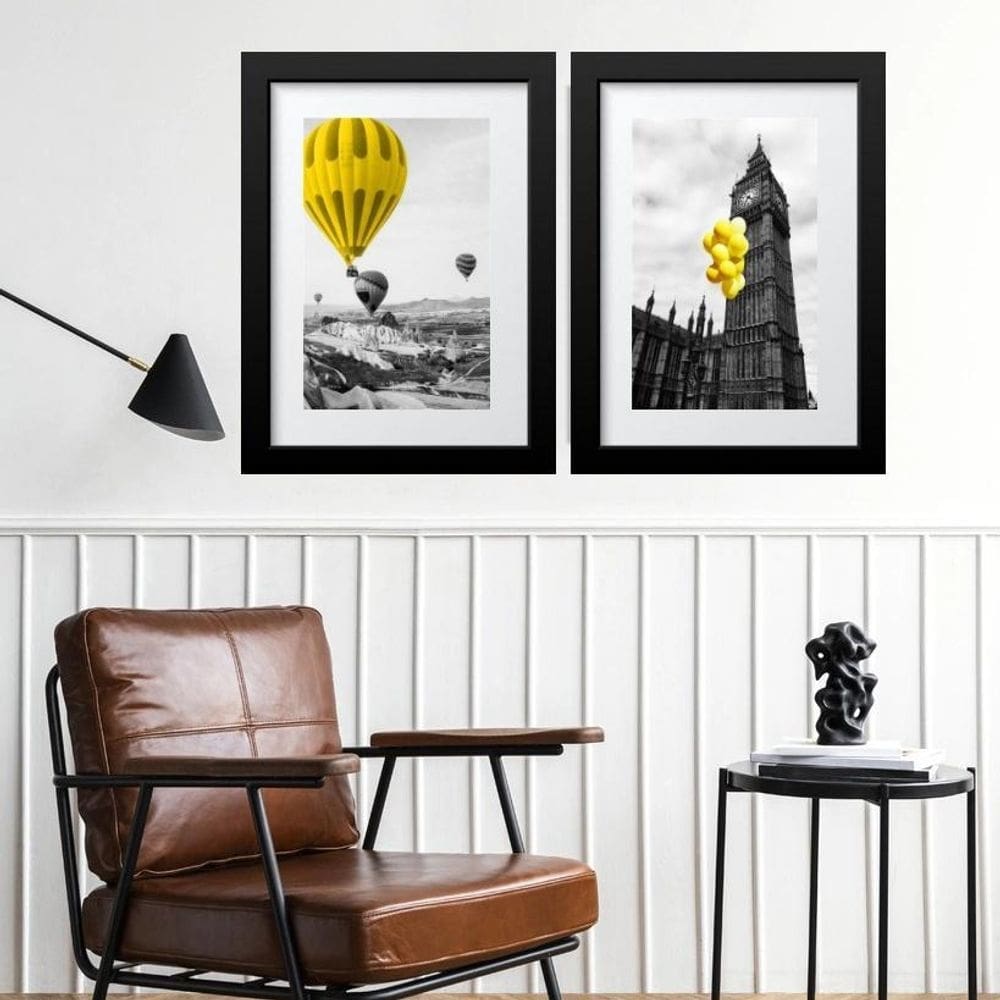 Kit 2 Quadros Balões Amarelos - 60X48Cm