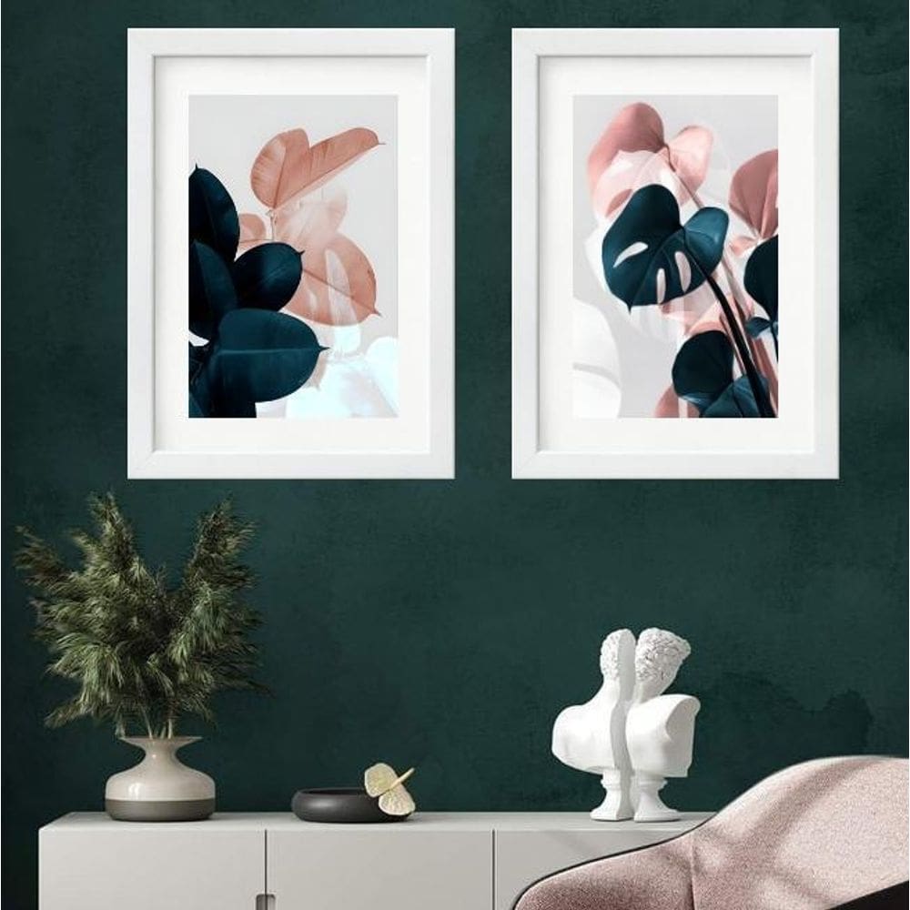 Kit 2 Quadros Folhas Rosa E Azul - 60X48Cm