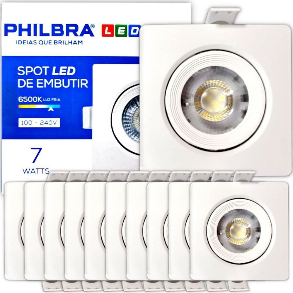 Kit 10 spot embutir direcionável led 7w quadrado branco frio
