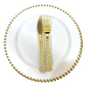 Kit Mesa Posta Prato 26Cm Acrílico Dourado + Talheres- 6Un