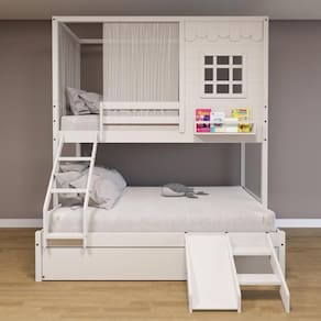 Treliche Casinha Reta Casal/ Solteiro com Escorregador e Cortina Madeira Maciça Branco Housin