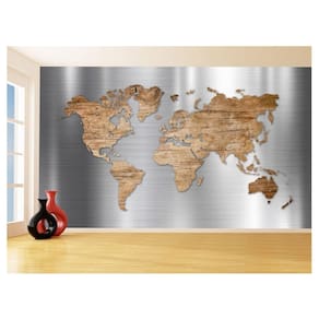 Papel De Parede 3D Mapa Mundi Aço Escovado Wood 3,5M Nmu64