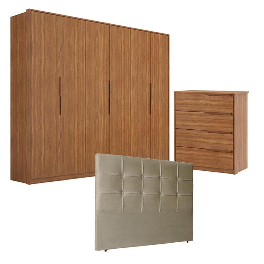 Guarda Roupa Atrice 6 Portas e Cômoda Atria Amêndola com Cabeceira Luiza 140 cm Taupe – Demartêz