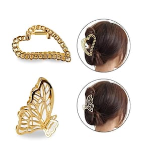 Kit 2 Prendedores De Cabelo Metal Dourado Borboleta Coração