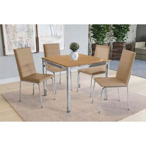 Sala de Jantar Completa Reno c/ Tampo de Madeira 90cm + 4 Cadeiras Amsterdã Cromada/Capuccino - Kappesberg