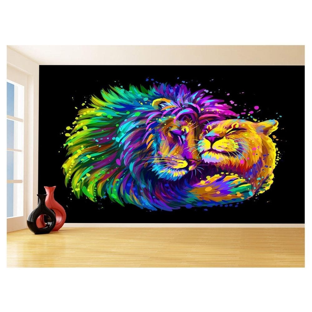 Papel De Parede 3D Animais Leão Família Casal 3,5M Anm524