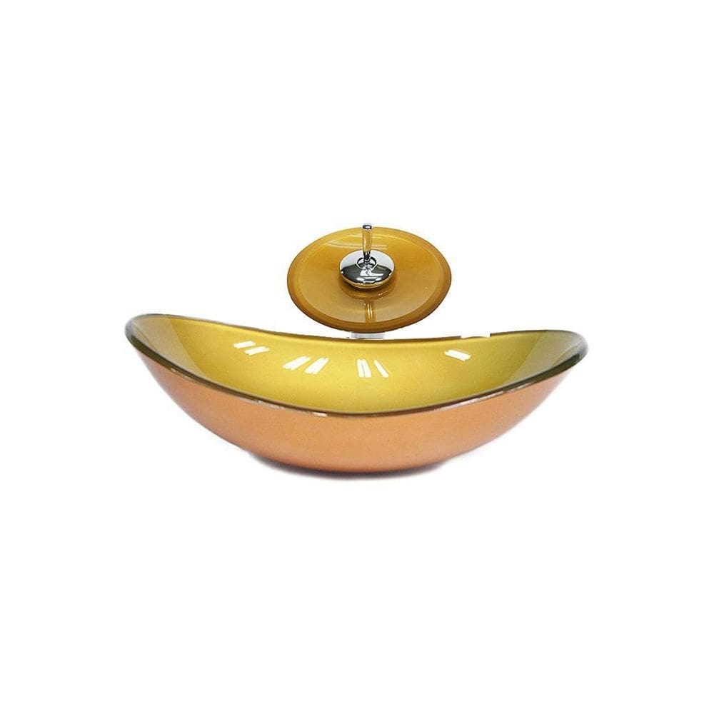 Cuba de vidro oval 47cm dourado real + válvula + torneira