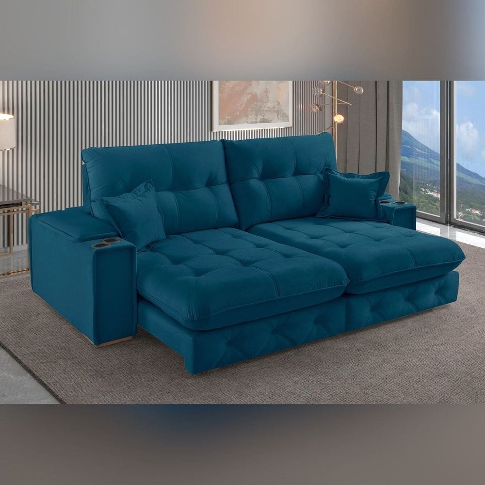 Sofá Retrátil Reclinável com Porta Copos 190cm Istambul Yescasa Azul