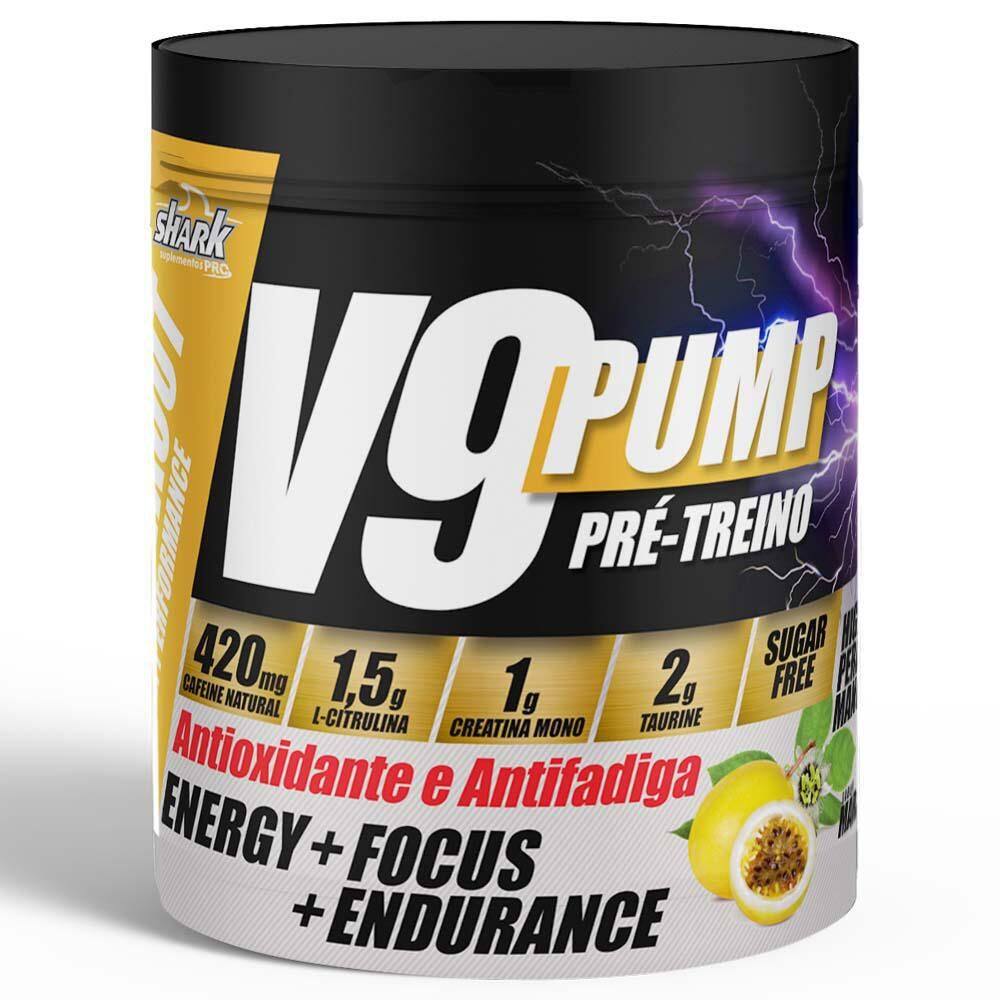 V9 pump pré treino suplemento creatina arginina d3 maracujá