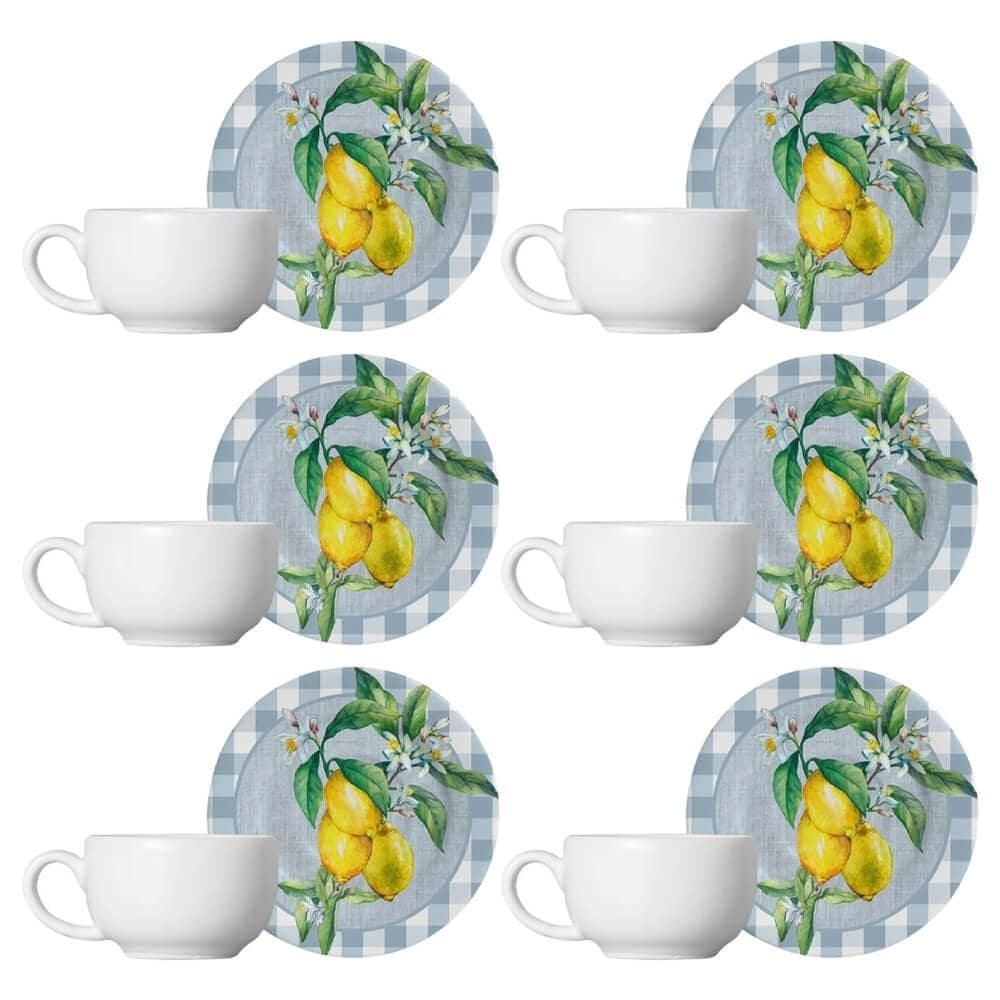 Kit 6 Xícaras Cerâmica Chá Café Pires Lemon Xadrez 85Ml